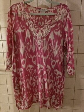 Gretchen Scott Xl Embroidered Pink Ikat Tunic Top